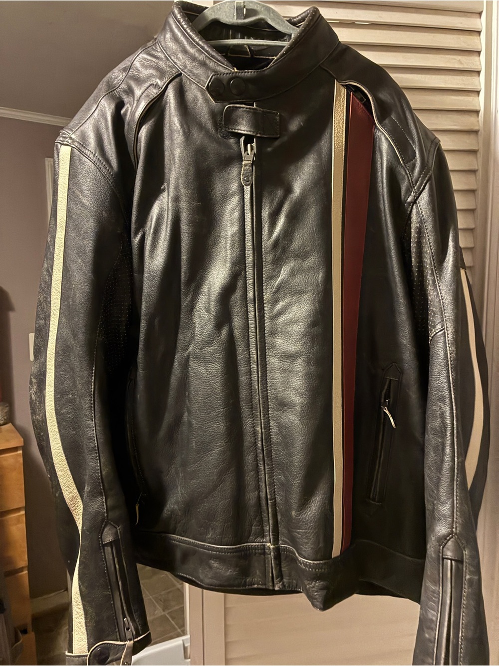 Triumph Black Leather Bomber Jacket with Red and Cream Stripes